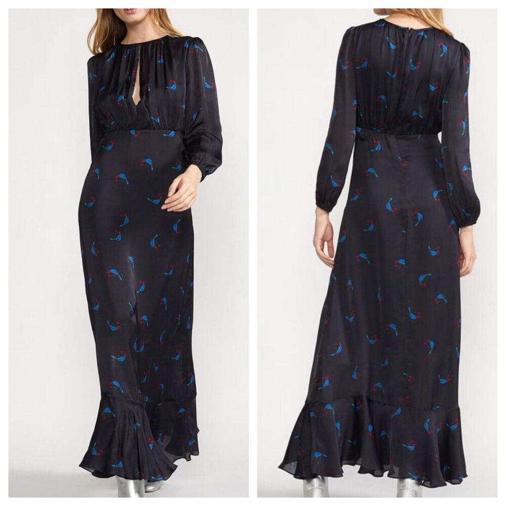 Cynthia Rowley Blue Cherry Print SEA BREEZE Maxi Flounce Hem Dress Sz 10